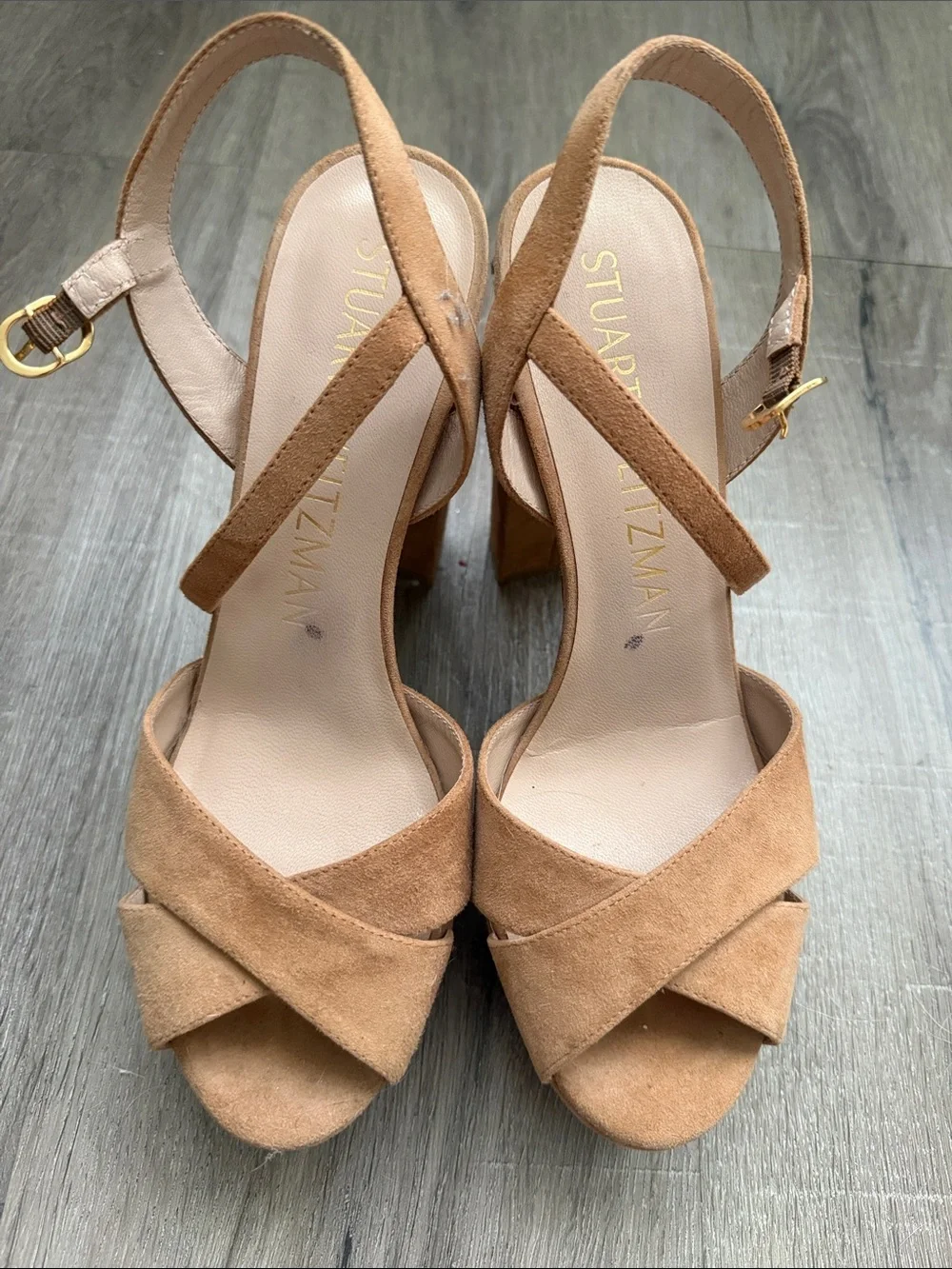 Stuart Weitzman Cognac Suede Platform Slingback Heels